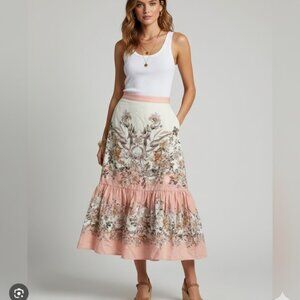 House of Harlow Linen Midi Skirt Size Small Floral Print Cottagecore Boho